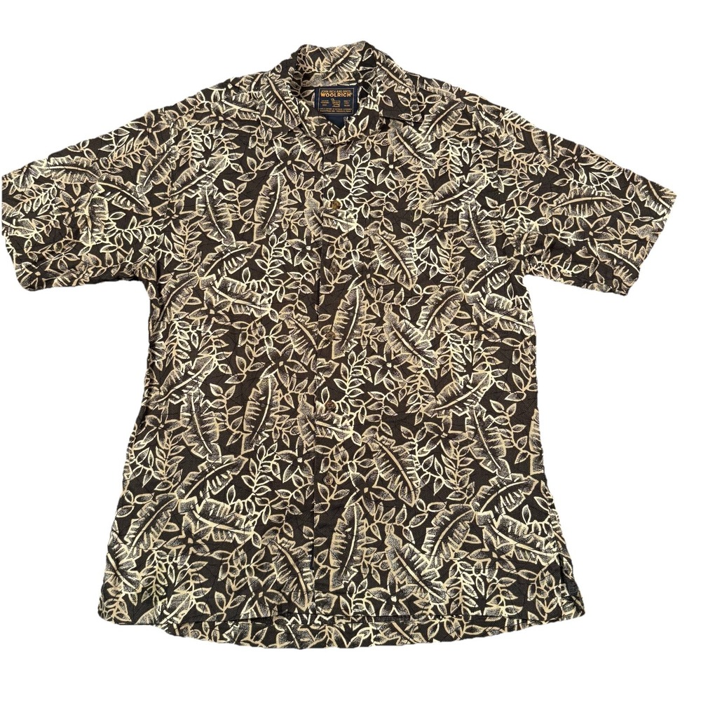 🦜 Woolrich John Rich & Bros Mens Medium Floral Hawaiian Shirt Cotton Brown Tan